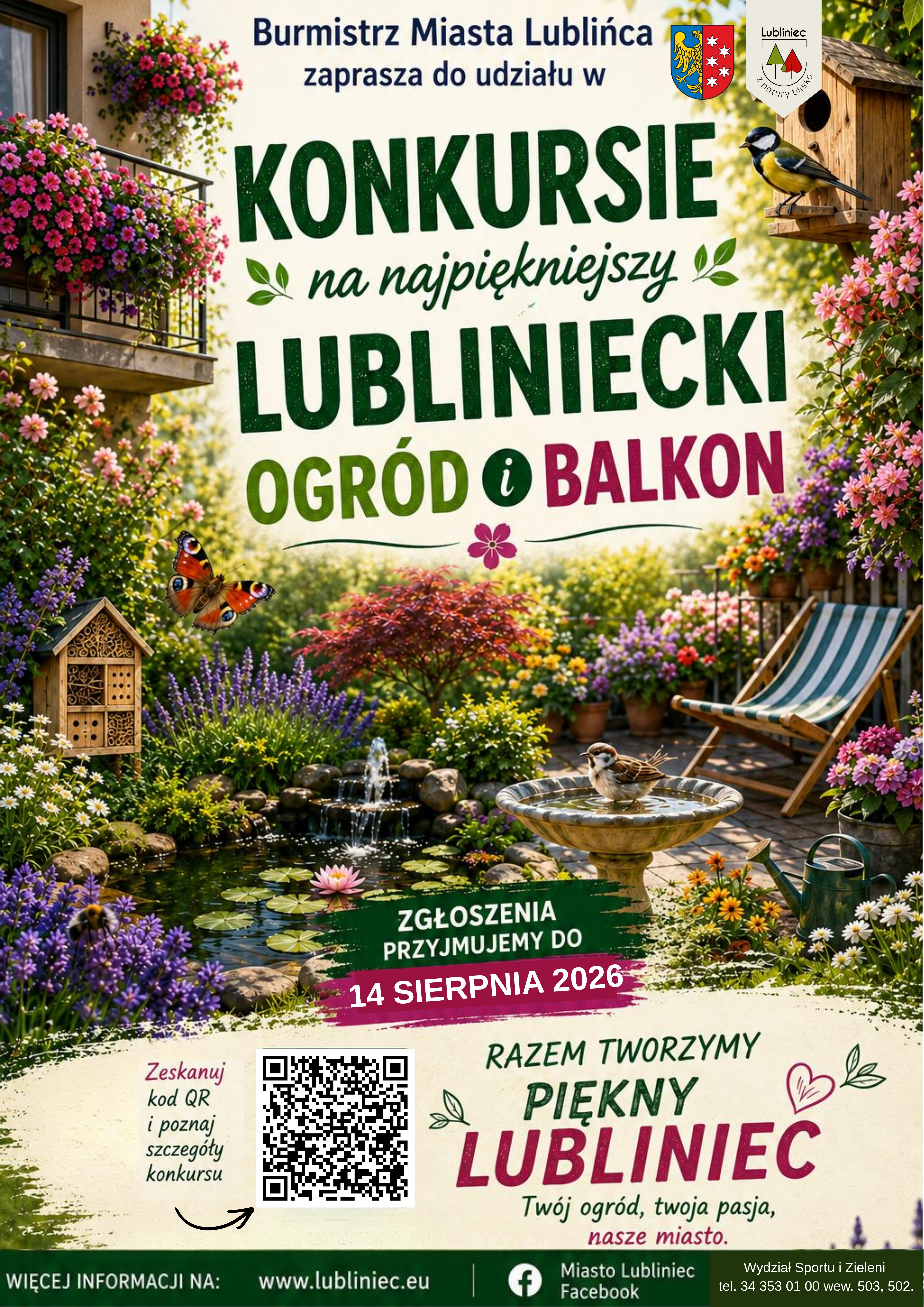 Plakat promujący konkurs pt. "Najpiękniejszy lubliniecki ogród i balkon" z terminem składania wniosków. W tle grafika ogrodu.