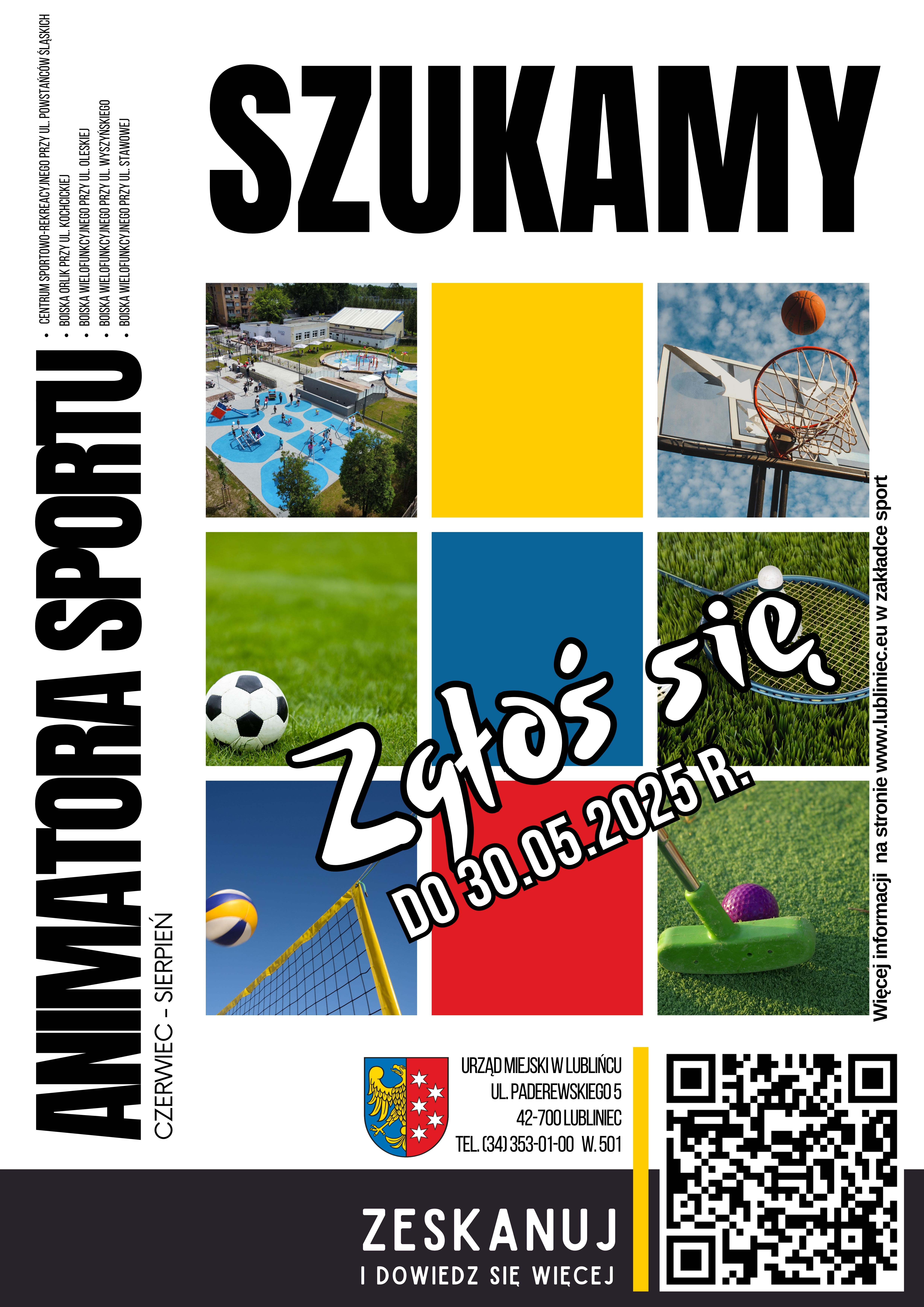 Plakat z ogłoszeniem naboru na animatora, w tle kolorowe zdjęcia promujace sport i informacje naboru