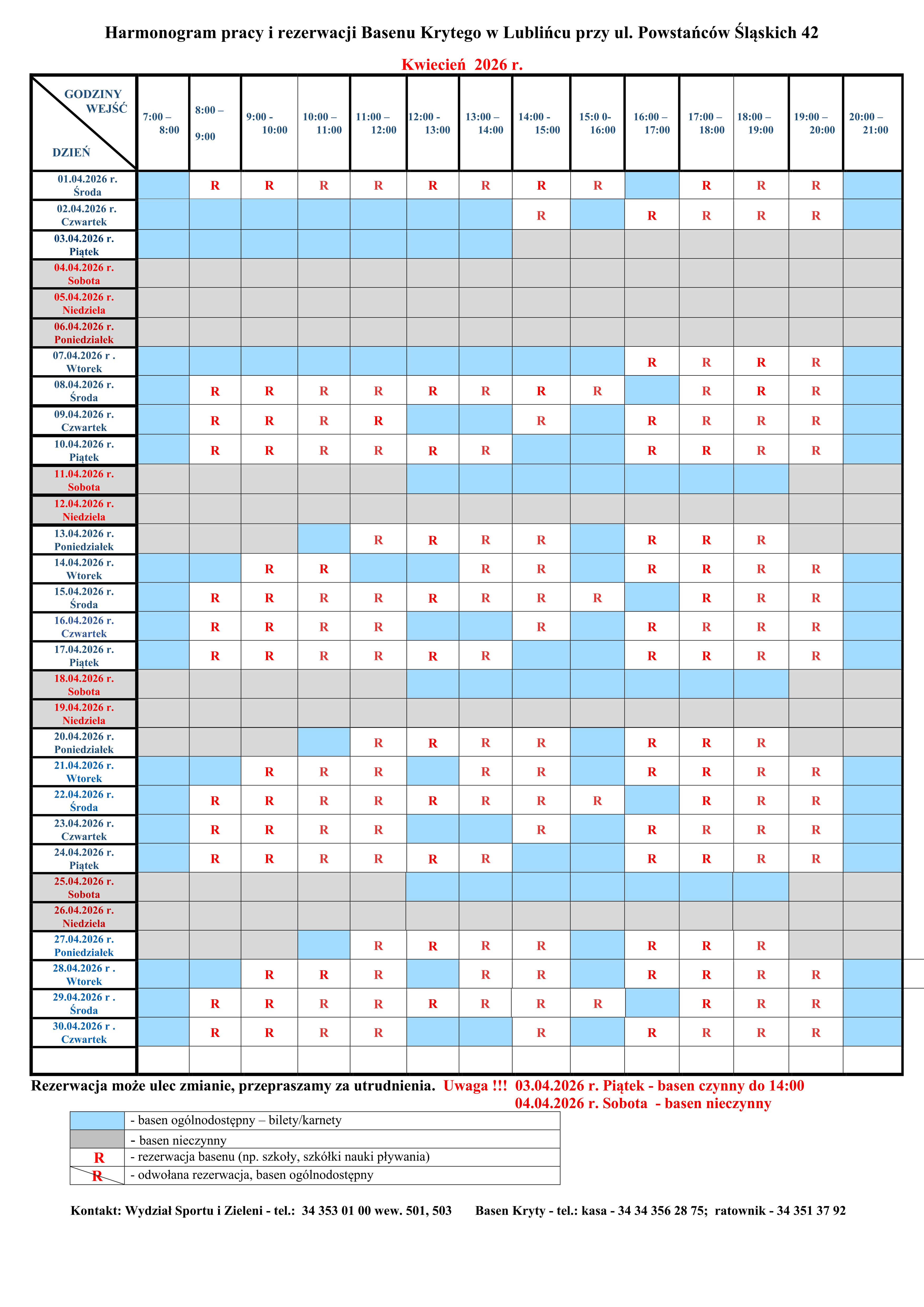 Harmonogram rezerwacji na basenie - kwiecień 2026 - do pobrania poniżej