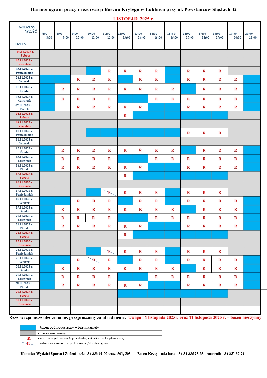 Grafik rezerwacji na listopad, dostępny do pobrania poniżej