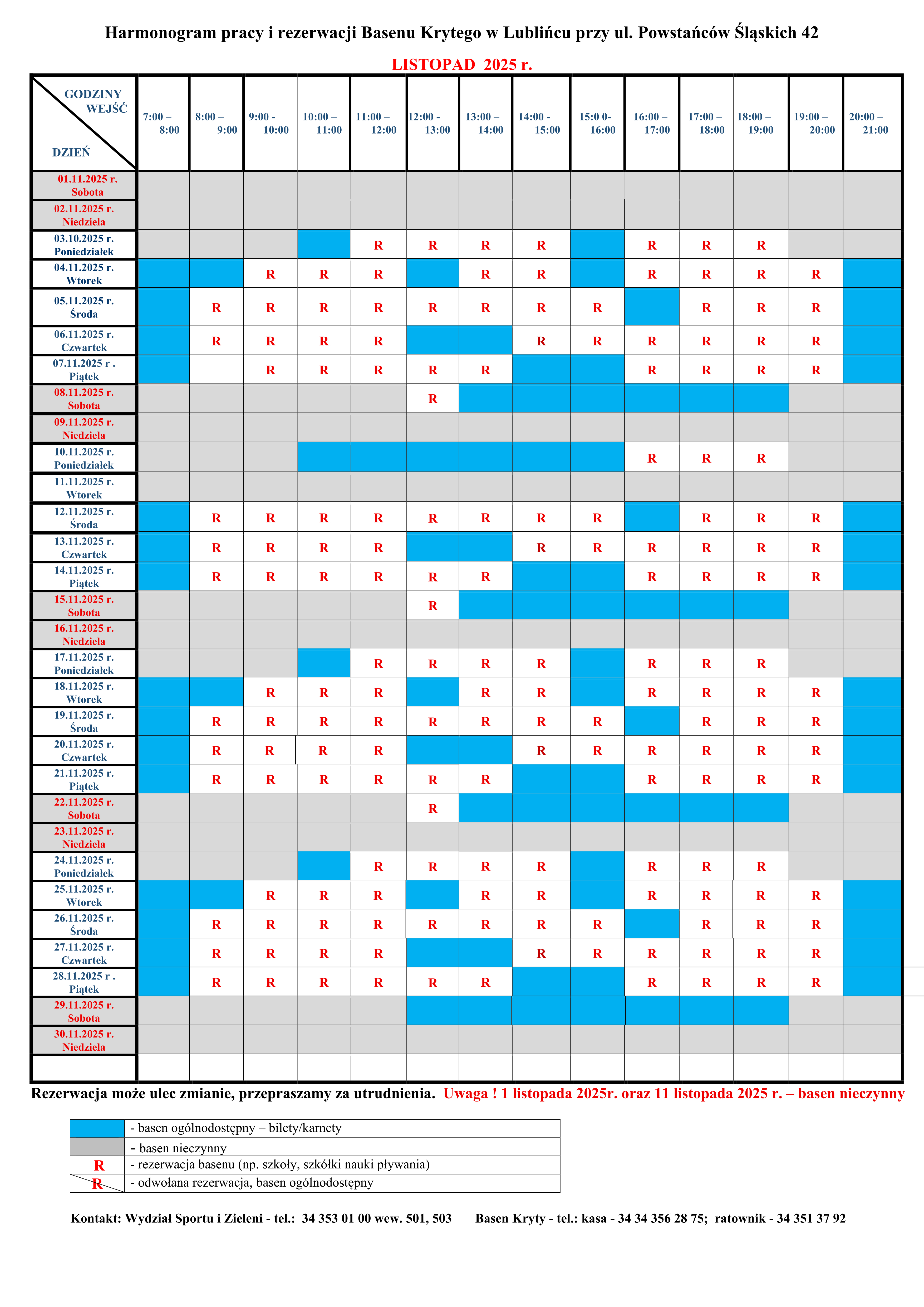 Grafik rezerwacji na listopad, dostępny do pobrania poniżej