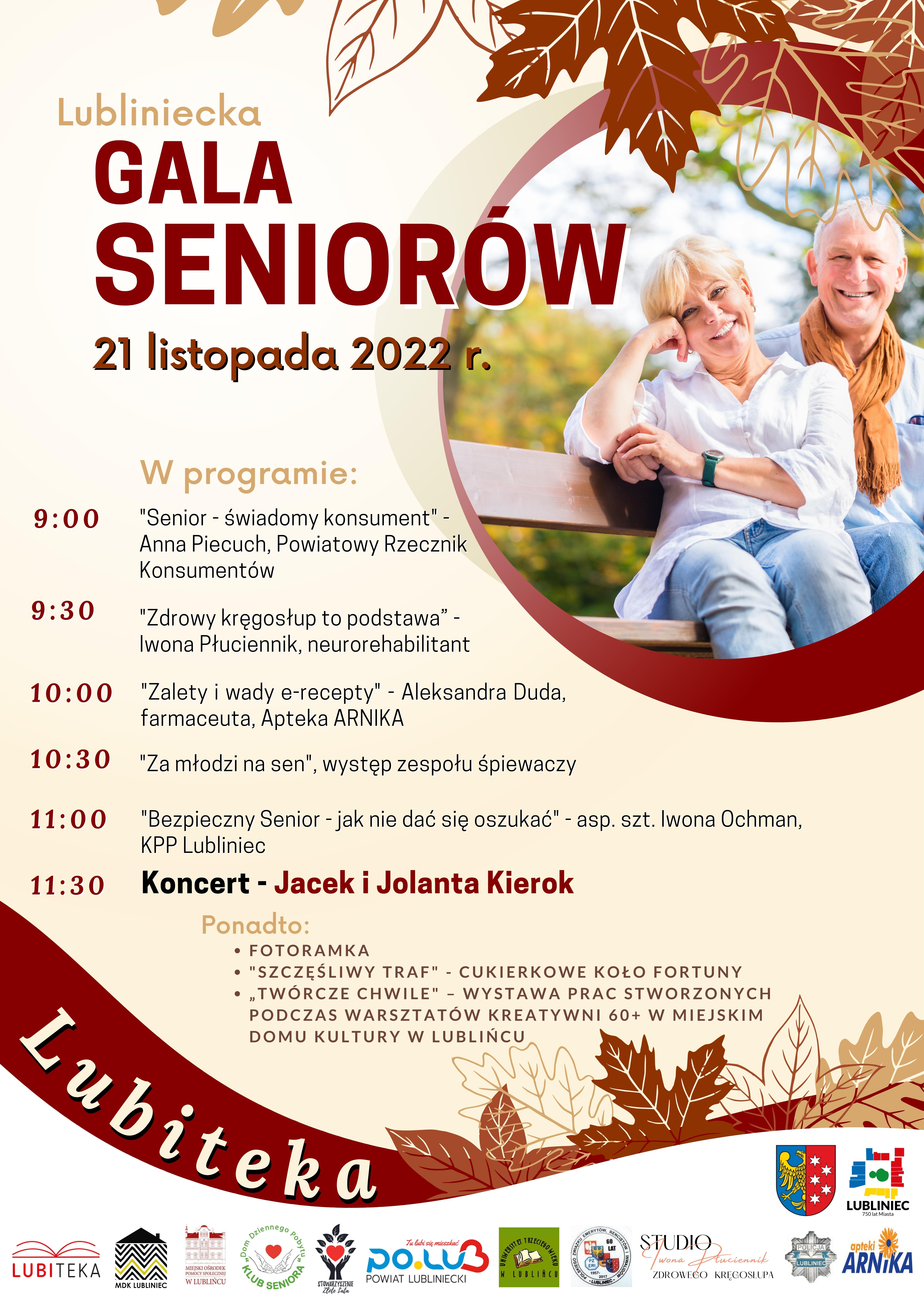 Plakat promujący wydarzenie - Lubliniecka Gala Seniorów. Program wydarzenia i dodatkowe atrakcje w treści posta.
