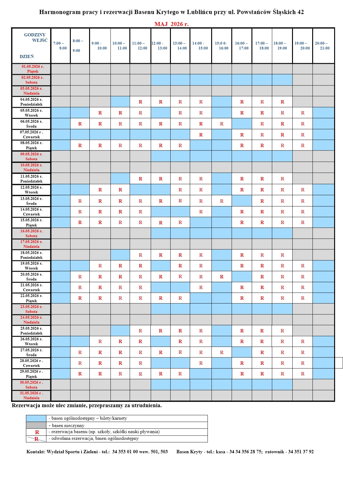 Harmonogram rezerwacji na basenie - maj 2026 - do pobrania poniżej