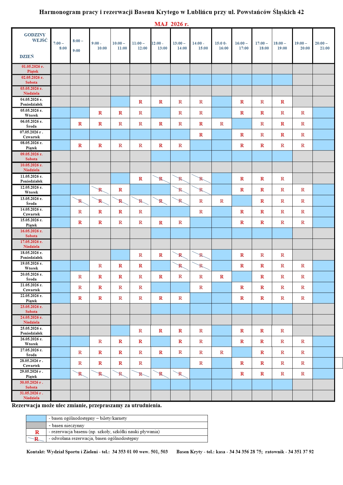 Harmonogram rezerwacji na basenie - maj 2026 - do pobrania poniżej