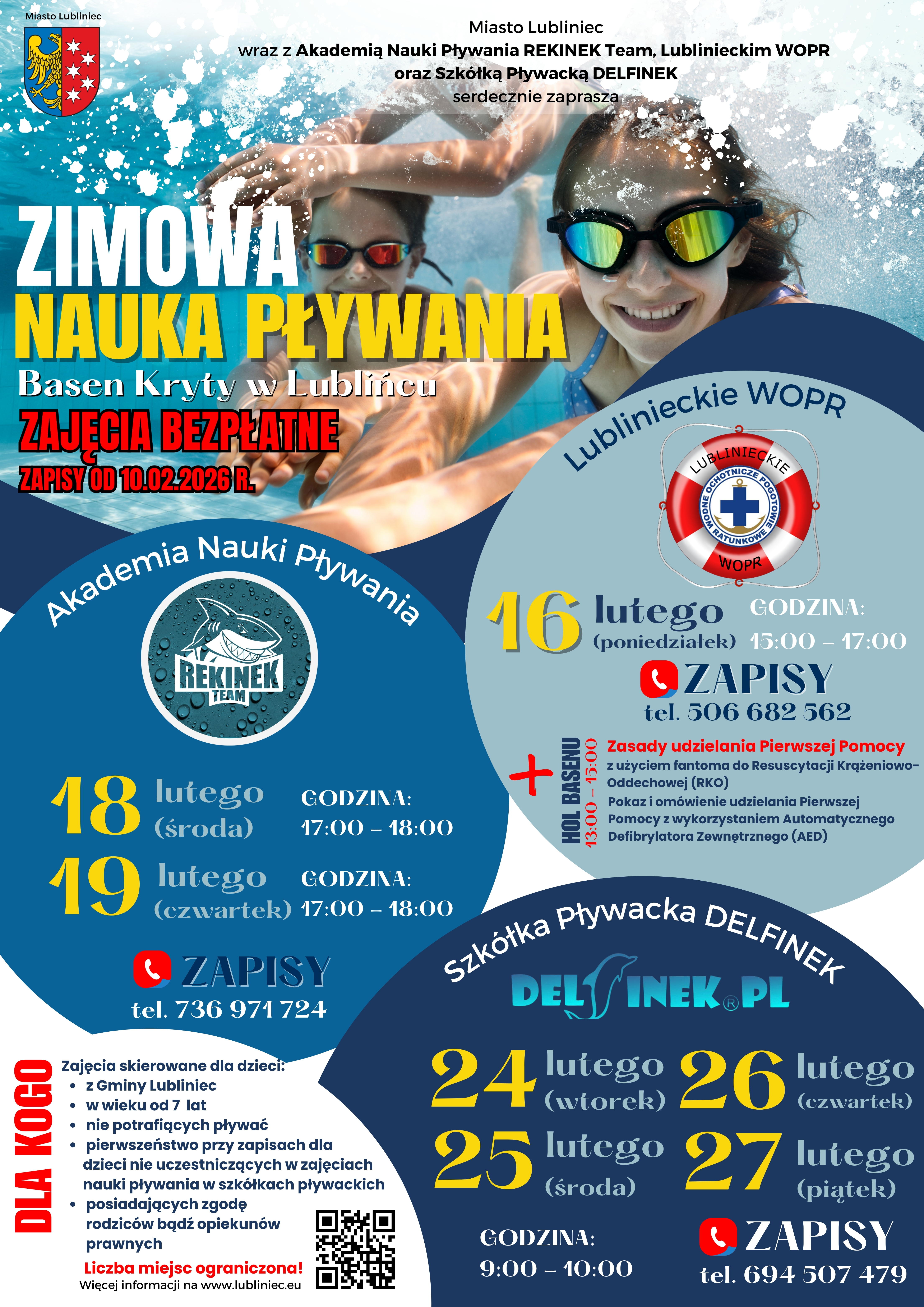 Plakat promujący wydarzenie pn. "Zimowa Nauka Pływania" z terminami i godzinami zajęć. W tle nurkujące dzieci.