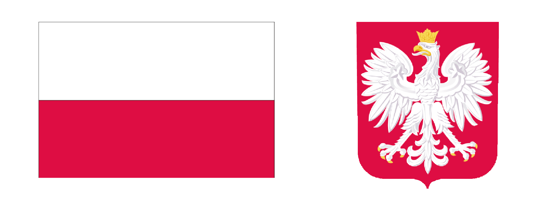 znaki narodowe po lewej stronie flaga Rzeczypospolitej, po prawej stronie godło Polski (orzeł biały na czerwonej tarczy