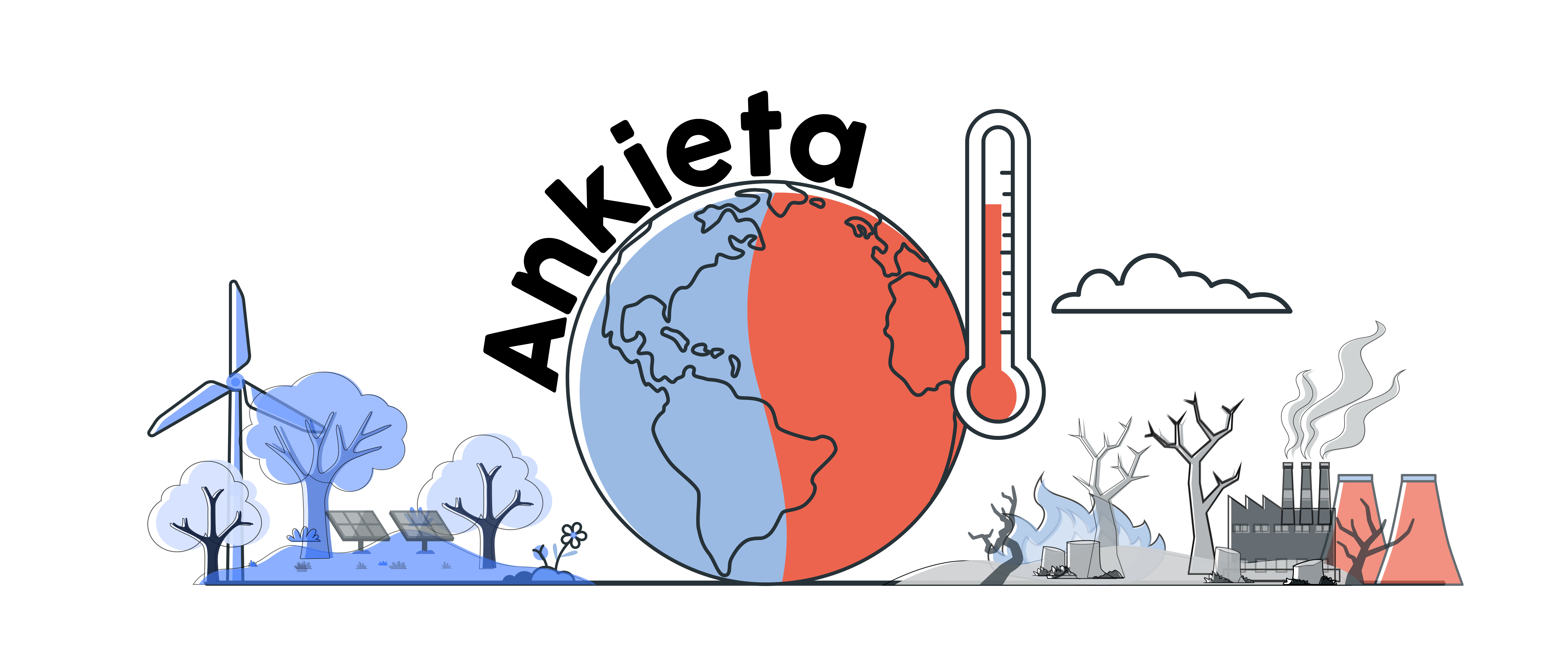 Kula ziemska dotknięta, zmianami klimatycznymi z prawej strony fabryki i zniszczone  środowisko z lewej środowisko, które możemy jeszcze wspólnie uratować drzewa  odnawialne źródła energii