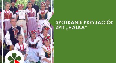 plakat podzielony na część z zdjęciem dzieci przebranych w stroje ludowe i informację spotkanie przyjaciół ZPIT " Halka" 