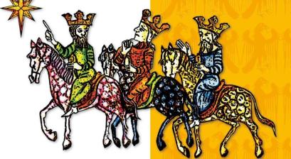 Plakat orszaku trzech króli. Trzech konnych jeźdźców w koronach poruszających się w lewą stronę w kierunku gwiazdy betlejemskiej.