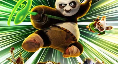 Skacząca Kung Fu Panda w centrum plakatu. Dookoła niej pozostali bohaterowie: gęś, króliki, biała pantera, lis, kobra.