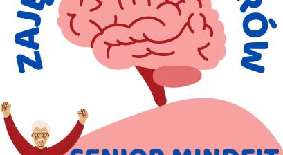 grafika przedstawiająca móżg człowieka oraz seiora z tytułem zajęć warsztaty dla Seniorów : Senior MindFit