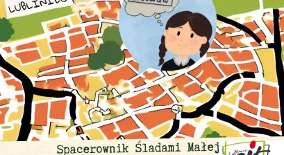 rysunkowa mapa z podpisanym Lublińcem, po którego ulicach będzie organizowany spacer w oknie rysunek dziewczynki z nazwą ulicy, przy której znajduje się muzeum