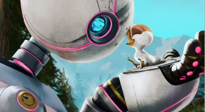 Plakat filmu animowanego, na pierwszym planie profil robota trzymające go na ręce małe kaczątko 