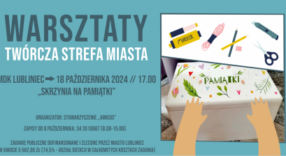 Grafika informująca o warsztatch ,,Skrzynia na pamiątki''