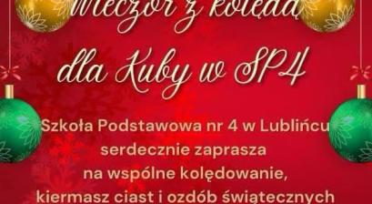 plakat informacyjny czerwone tło na górze z zielonymi gałązkami i złotymi bombkami 