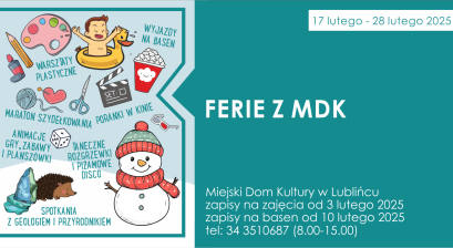 Grafika informująca o Feriach Zimowych 2025 z MDK Lubliniec