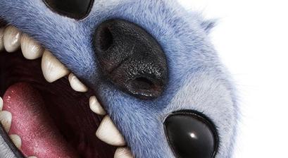 Stich wychylający się z boku, puchaty liliowy stworek 