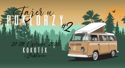 plakat infotmacyjny treść w opisie wydarzenia na grafice Volkswagen T2 berzowy w tle zielony las