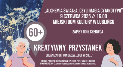 Grafika zapowiadająca warsztaty Kreatywni 60+  ,,Alchemia światła, czyli magia cyjanotypii”