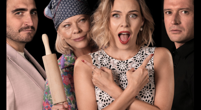 Plakat zapowiadajacy spektakl komediowy ,,Zerwanie na żądanie'' 