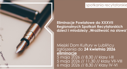 Grafika zapowiadająca Eliminacje Powiatowe do XXXVII Regionalnych Spotkań Recytatorskich dzieci i młodzieży ,,Wrażliwość na słowa”