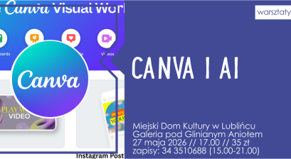 Grafika zapowiadająca warsztaty ,,Canva i AI. Od pomysłu do gotowego projektu” 