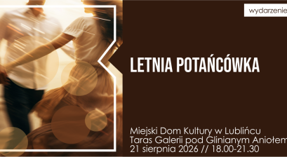 Grafika zapowiadająca letnią potańcówkę na tarasie Galerii pod Glinianym Aniołem 