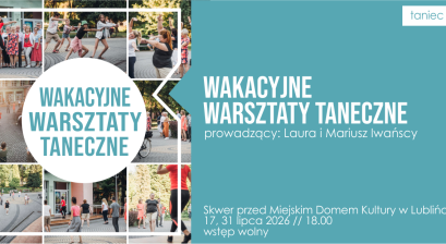 Grafika zapowiadająca wakacyjne warsztaty taneczne