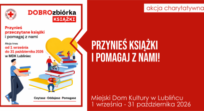 Grafika zapowiadająca DobroZbiórka Ksiązki w MDK Lubliniec 