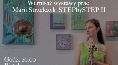 Plakat anonsujący wernisaż wystawy prac na tle obrazów 
