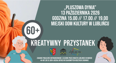 Grafika zapowiadająca warsztaty Kreatywny Przystanek 60+ ,,Pluszowa dynia'' 