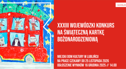 Grafika zapowiadająca XXXIII Wojewódzki Konkurs Plastyczny na Świąteczną Kartkę Bożonarodzeniową 