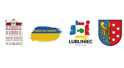 logotyp mops lubliniec, flaga Ukrainy z napisem "pomoc dla ukrainy", logo jubileuszu 750-lecia lublińca, herb Lublińca