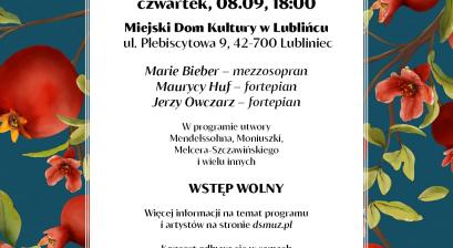 Plakat z nagłówkiem treści: Koncert z okazji Rosz ha-Szana – Żydowskiego Nowego Roku; dodatkowo z informacją o terminie i miejscu wydarzenia, artystach i utworach; plakat dotyczący wydarzenia w Lublińcu 