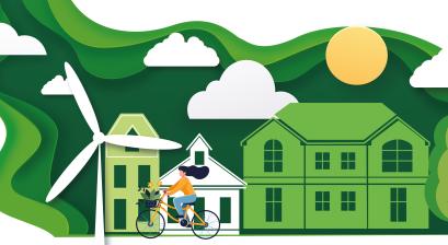 zielone budynki, drzewa, wiatrak prądotwórczy, kobieta jadąca na rowerze, rysunek ekologicznego miasta z czystym powietrzem 