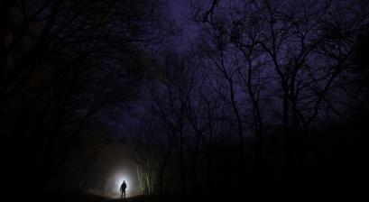 człowiek w nocy stoi na ścieżce w środku lazu z latarką rozświetlającą ścieżkę 