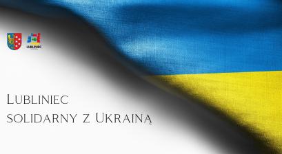 Flaga Ukrainy z herbem Lublińca i logo obchodów jubileuszu 750 - lecia Lublińca