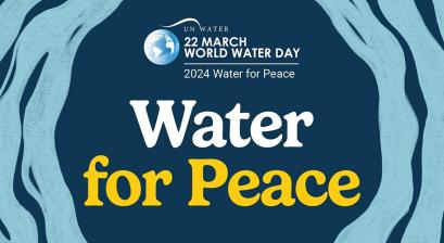 Baner z napisem po ang. "UN WATER, 22 MARCH WORLD WATER DAY , 2024 Water for peace" tłumaczenie "ONZ WODA, 22 MARCA, ŚWIATOWY DZIEŃ WODY, 2024 WODA DLA POKOJU"