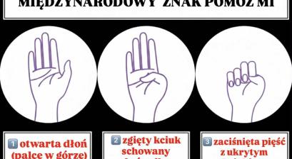 Plakat dotyczący przemocy - symbole "pomóż mi" 