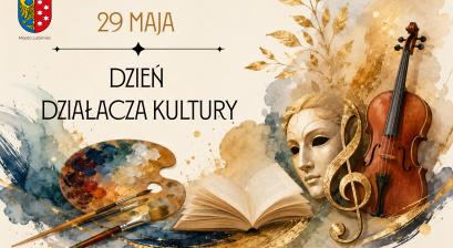 Symbole działań kulturalnych - farby, skrzypce, maska, książka 