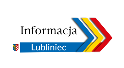 Napis informacja Lubliniec ze znakiem graficznym w postaci strzałek w barwach miasta Lublińca