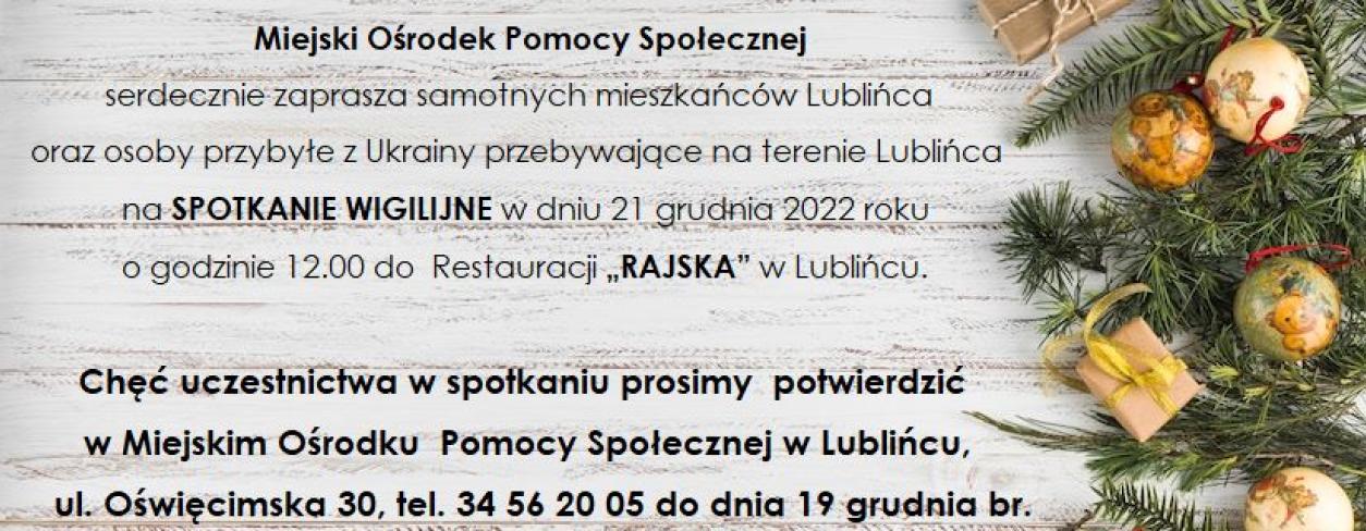 Spotkanie wigilijne dla osób samotnych  w dniu 21 grudnia o godzinie 12 w restauracji Rajska w Lublińcu