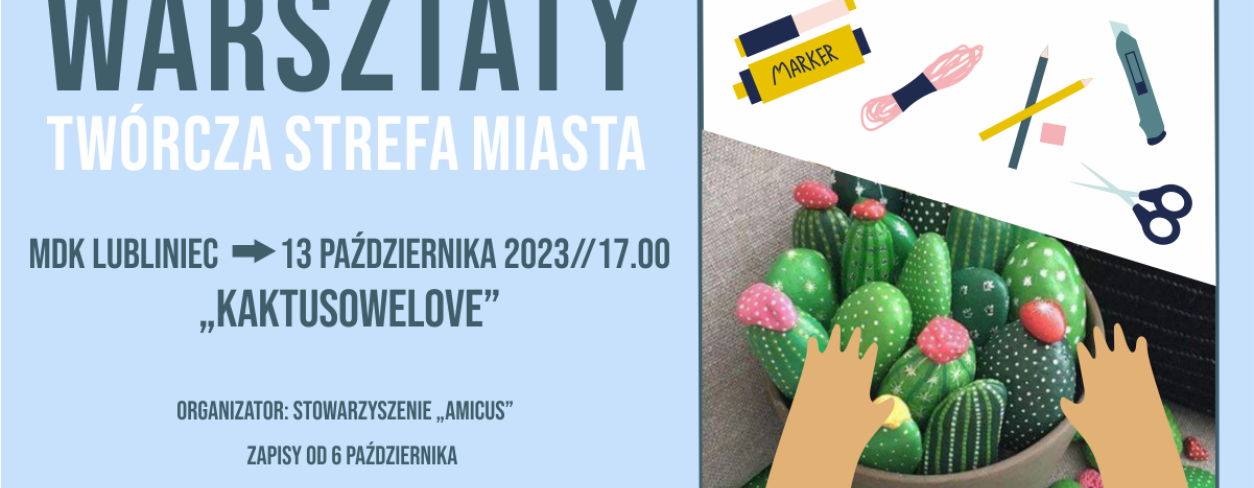 Na grafice zdjęcie kaktusów i dłoni które je ,,formują''