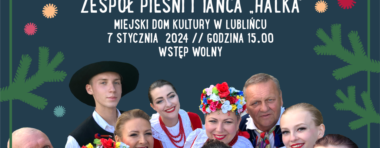 Plakat ze zdjęciem zespołu i grafiką świąteczną 