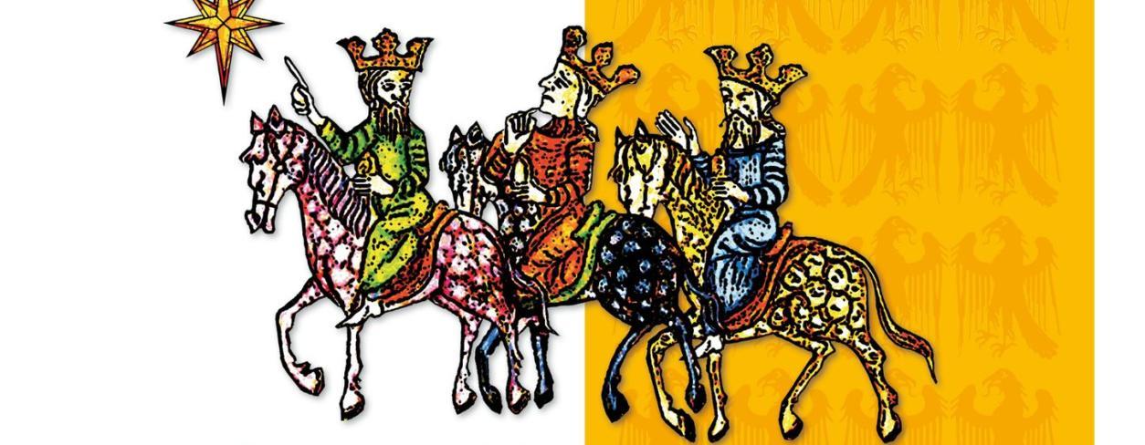 Plakat orszaku trzech króli. Trzech konnych jeźdźców w koronach poruszających się w lewą stronę w kierunku gwiazdy betlejemskiej.