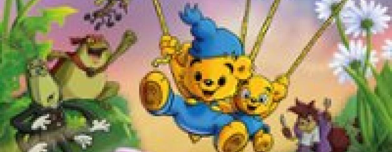 Plakat filmu BAMSE- MALUTKA PRZYGODA WIELKIEGO MISIA. Żółty miś wraz z drugim misiem spadają na jednym spadochronie w wielką trawę. W tle pozostałe postaci - robaczki