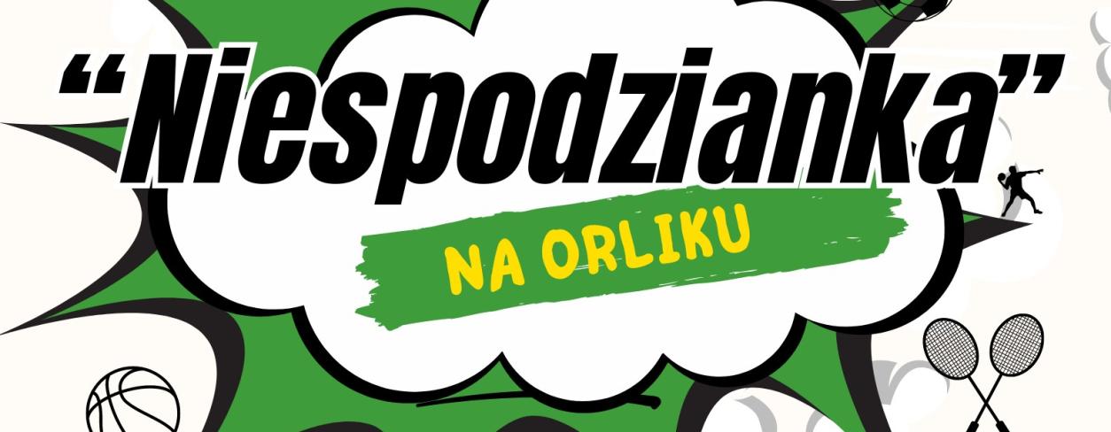 plakat informujący o niespodziance na orliku ul. Kochcicka, zajęcia z animatorami gry i zabawy oraz turniej szachowy. Na plakacie widać graficzną chmurkę wybuchową na której jest napis Niespodzianka na orliku pod opisem zdjęcia Animatorów Klaudii i Michała