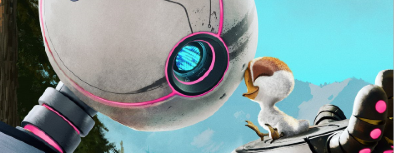 Plakat filmu animowanego, na pierwszym planie profil robota trzymające go na ręce małe kaczątko