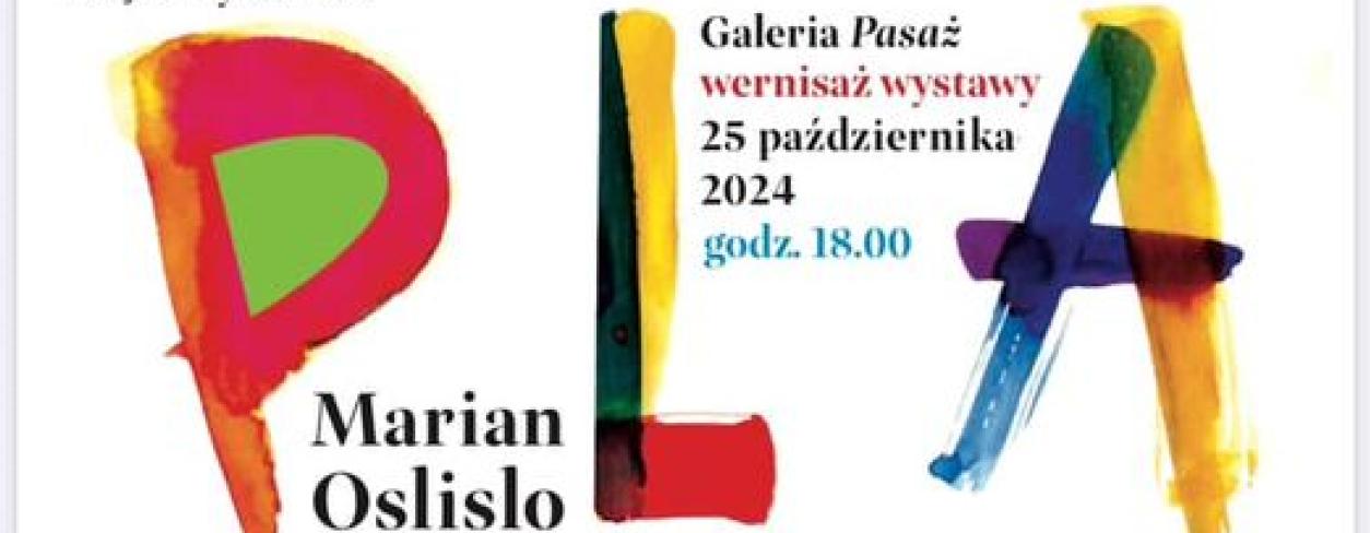 Duże, kolorowoe malowane litery z tytułem wystay. Projekt graficzny plakatu prof.Marian Oslislo