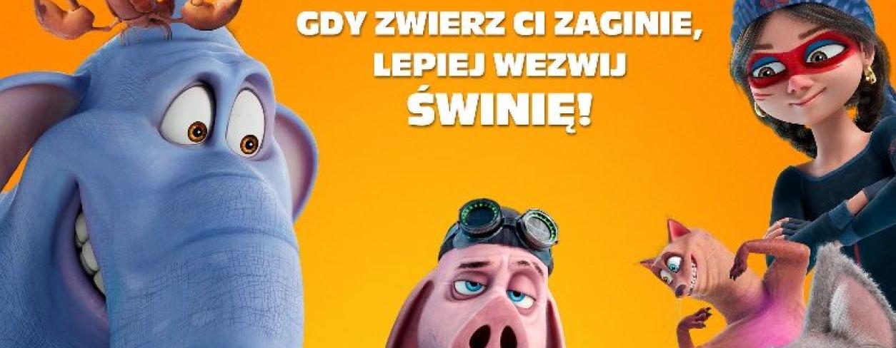 plakat filmu animowanego postać głównego bohatera świnki detektywa ubranego w czarny płaszcz